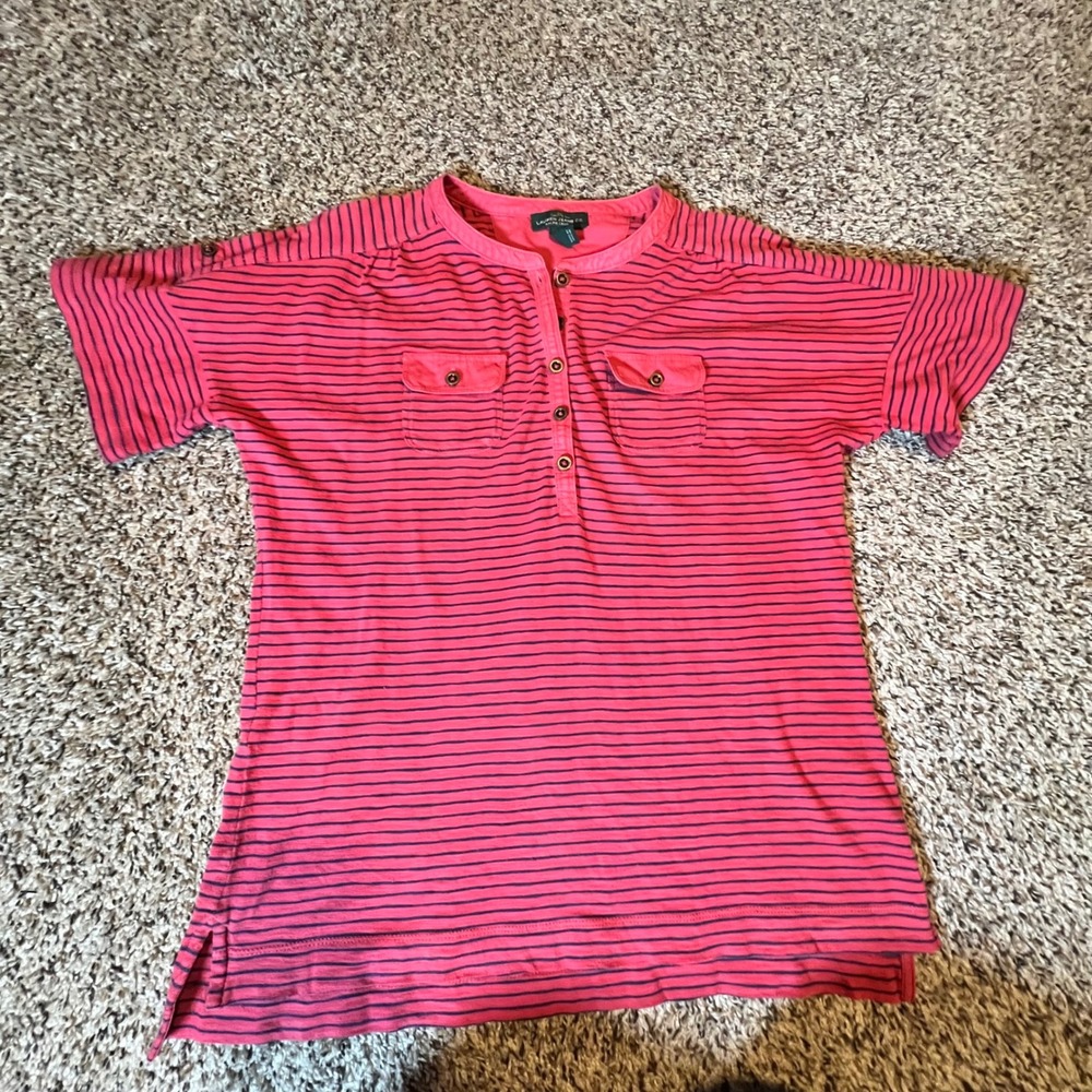 Lauren‎ Ralph Lauren Pink Navy Striped Cotton Henley Short Sleeve Top Mens M